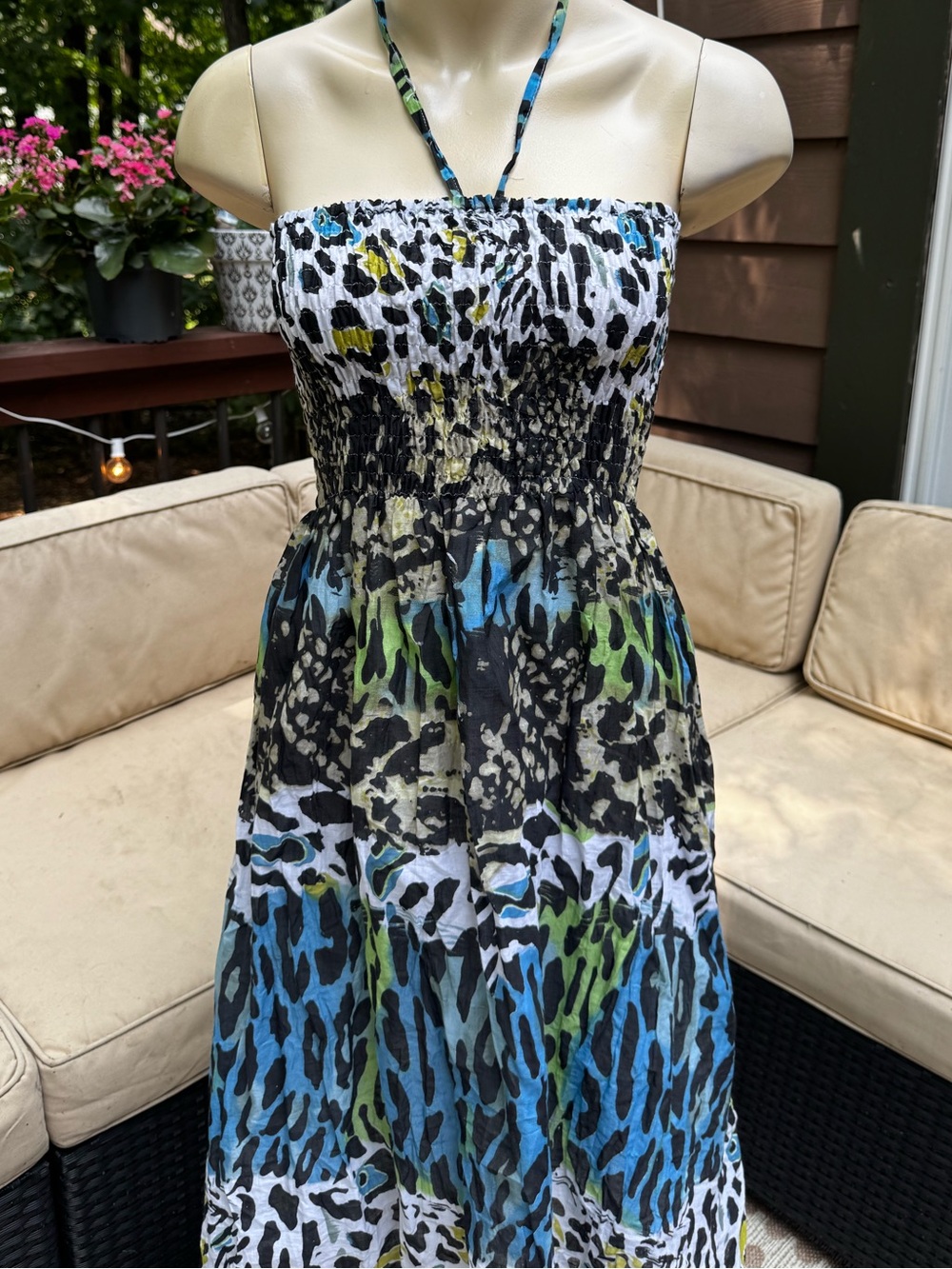 Smocked Halter Dress in Blue & Green Animal Leopard Print